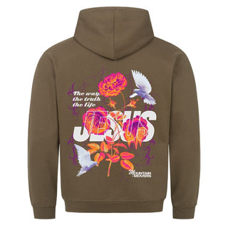 Jesus Flower Hoodie Backprint Detailansicht, Mountain Movers christliche Streetwear