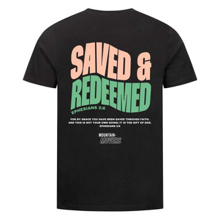 Saved and Redeemed Shirt BackPrint Variante, Mountain Movers christliches Design