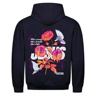 Jesus Flower Hoodie Backprint Detailansicht, Mountain Movers christliche Streetwear