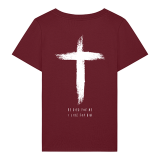 HE DIED FRAUEN T-SHIRT Backprint Detailansicht, Mountain Movers christliche Streetwear