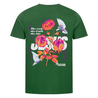 Jesus Flower Shirt Backprint Detailansicht, Mountain Movers christliche Streetwear