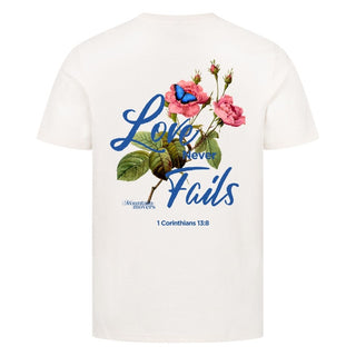 Love never fails Flower Shirt Detailansicht, Mountain Movers christliche Streetwear