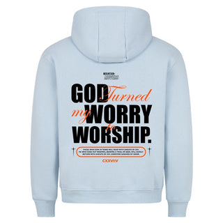 God Turned my Worry Hoodie Detailansicht, Mountain Movers christliche Streetwear