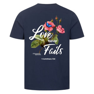Love never fails Flower Shirt Detailansicht, Mountain Movers christliche Streetwear