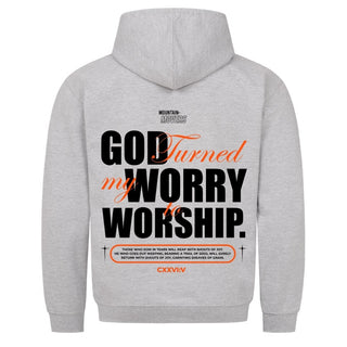 God Turned my Worry Hoodie Detailansicht, Mountain Movers christliche Streetwear