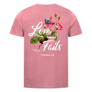 Love never fails Flower Shirt Detailansicht, Mountain Movers christliche Streetwear
