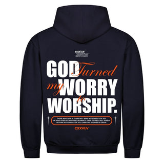 God Turned my Worry Hoodie Detailansicht, Mountain Movers christliche Streetwear