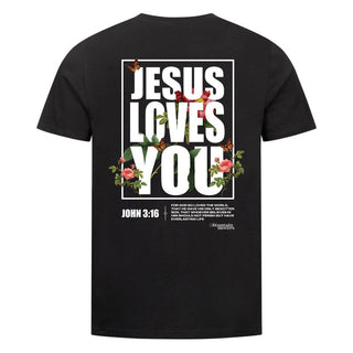 Jesus loves you Flower Shirt Detailansicht, Mountain Movers christliche Streetwear