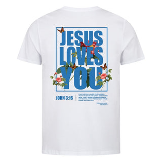 Jesus loves you Flower Shirt Detailansicht, Mountain Movers christliche Streetwear