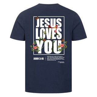 Jesus loves you Flower Shirt Detailansicht, Mountain Movers christliche Streetwear