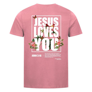 Jesus loves you Flower Shirt Detailansicht, Mountain Movers christliche Streetwear