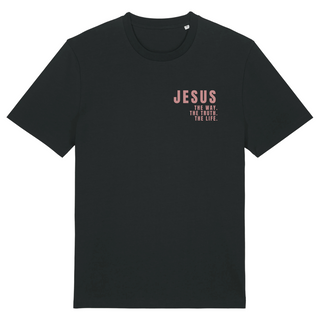 Jesus Pink Letters Shirt Detailansicht, Mountain Movers christliche Streetwear