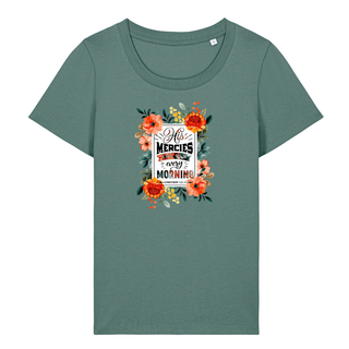 HIS MERCIES FRAUEN T-SHIRT FRONT Detailansicht, Mountain Movers christliche Streetwear