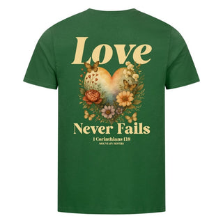 Love never fails Shirt Detailansicht, Mountain Movers christliche Streetwear