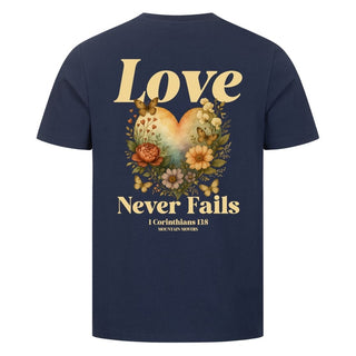 Love never fails Shirt Detailansicht, Mountain Movers christliche Streetwear
