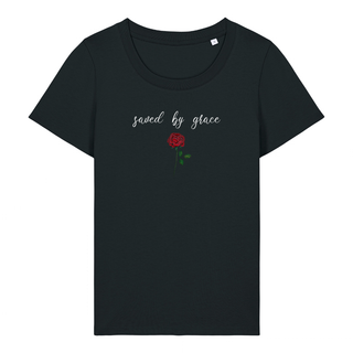 Saved by grace Rose Frauen T-Shirt, Motivdetail