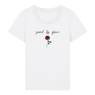 Saved by grace Rose Frauen T-Shirt, Rueckansicht