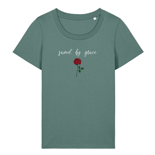 Saved by grace Rose Frauen T-Shirt, Nahaufnahme