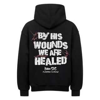 By his Wounds Oversized Hoodie Backprint, christliche Streetwear von Mountain Movers