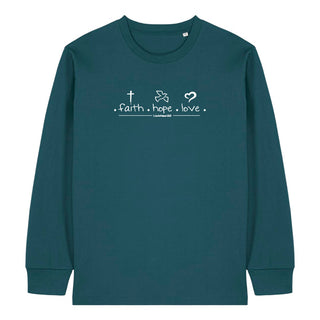 Faith Hope Love minimalistisch Longsleeve Detailansicht, Mountain Movers christliche Streetwear