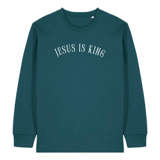 Jesus is King curved Longsleeve Detailansicht, Mountain Movers christliche Streetwear