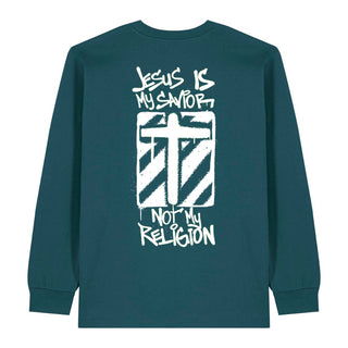 jesus is my savior Longsleeve BackPrint Detailansicht, Mountain Movers christliche Streetwear