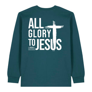 all glory to jesus Longsleeve BackPrint Detailansicht, Mountain Movers christliche Streetwear