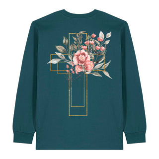 Golden Aquarell Cross Longsleeve BackPrint Detailansicht, Mountain Movers christliche Streetwear