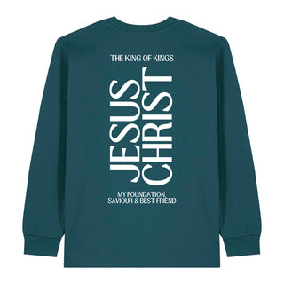 King Jesus Christ Longsleeve BackPrint Detailansicht, Mountain Movers christliche Streetwear