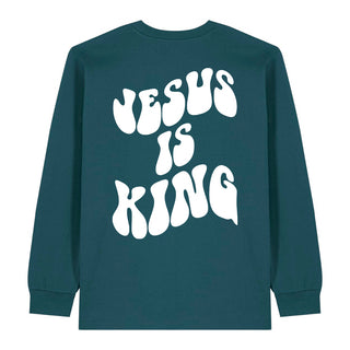 Jesus is king Schrift Longsleeve BackPrint Detailansicht, Mountain Movers christliche Streetwear