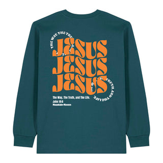 All About Jesus Longsleeve BackPrint Detailansicht, Mountain Movers christliche Streetwear