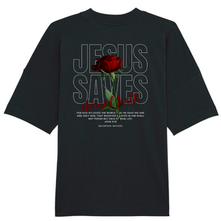 Jesus Saves Rose Oversized Shirt BackPrint Variante, Mountain Movers christliches Design