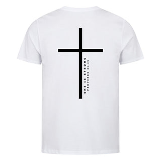 She is strong gym Shirt Backprint Detailansicht, Mountain Movers christliche Streetwear