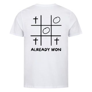 Already won Shirt Backprint Detailansicht, Mountain Movers christliche Streetwear