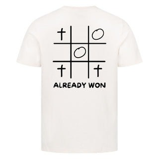 Already won Shirt Backprint Detailansicht, Mountain Movers christliche Streetwear