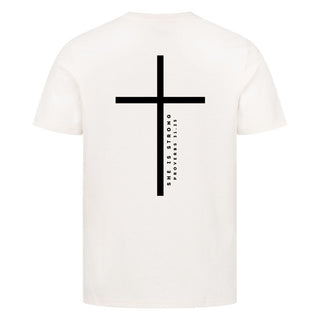 She is strong gym Shirt Backprint Detailansicht, Mountain Movers christliche Streetwear