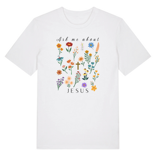 Ask me about Jesus - Little Flowers Shirt Detailansicht, Mountain Movers christliche Streetwear