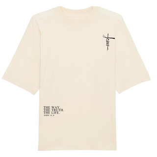 Jesus cross Front- und BackPrint Oversized Shirt Detailansicht, Mountain Movers christliche Streetwear