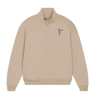 Jesus Cross Half Zip Sweater Detailansicht, Mountain Movers christliche Streetwear