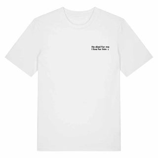 He died for me (minimalistisch) Shirt Detailansicht, Mountain Movers christliche Streetwear