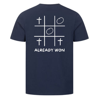 Already won Shirt Backprint Detailansicht, Mountain Movers christliche Streetwear
