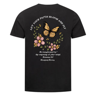 Let your Faith Bloom and Fly Shirt Front & Back Variante, Mountain Movers christliches Design