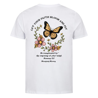 Let your Faith Bloom and Fly Shirt Front & Back Detailansicht, Mountain Movers christliche Streetwear