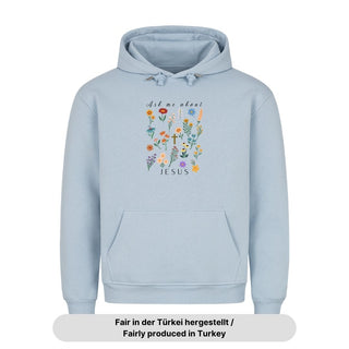 Ask me about Jesus - little flowers Hoodie Detailansicht, Mountain Movers christliche Streetwear