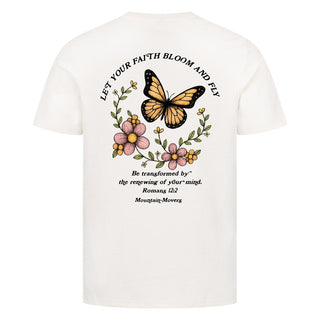 Let your Faith Bloom and Fly Shirt Front & Back Detailansicht, Mountain Movers christliche Streetwear