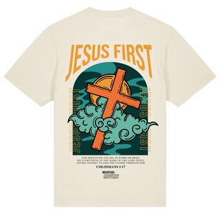 Jesus First Oversized Shirt (Front und BackPrint) Detailansicht, Mountain Movers christliche Streetwear