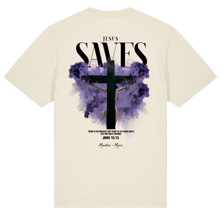 Jesus Saves Streetwear Oversized Shirt Back & Frontprint Detailansicht, Mountain Movers christliche Streetwear