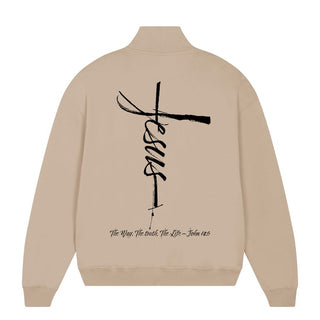 Jesus Cross Half Zip Sweater Detailansicht, Mountain Movers christliche Streetwear
