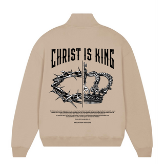 Christ is King Half Zip Sweater Detailansicht, Mountain Movers christliche Streetwear
