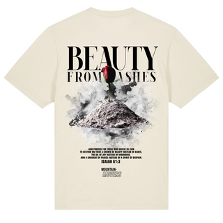 Beauty from Ashes Streetwear Oversized Shirt Backprint + Logo Detailansicht, Mountain Movers christliche Streetwear